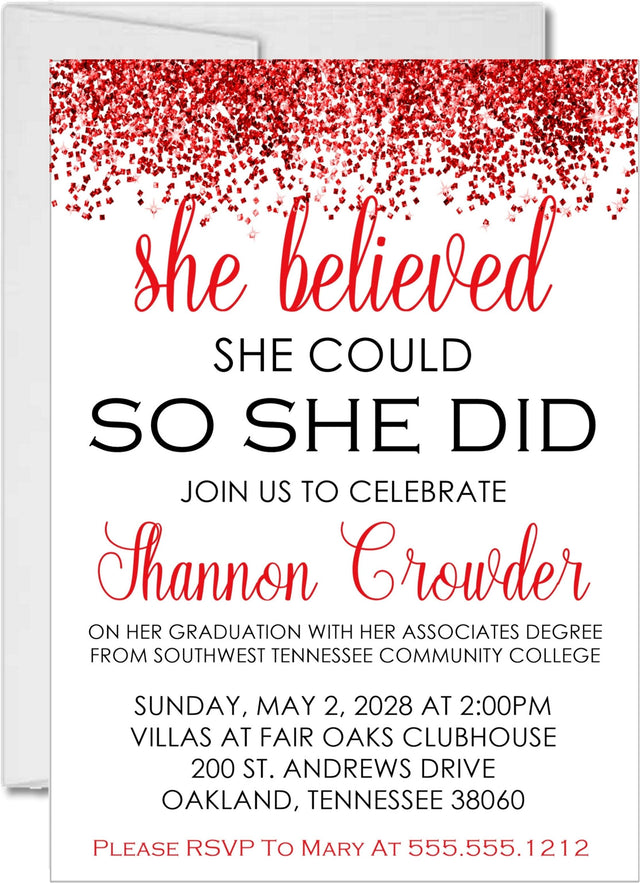 Red and white graduation party invitation with confetti and inspirational quote