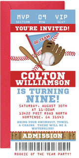 Red blue baseball birthday ticket invitation with admission pass layout