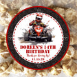 Red go-kart birthday sticker with black gear pattern