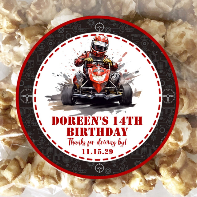 Red go-kart birthday sticker with black gear pattern