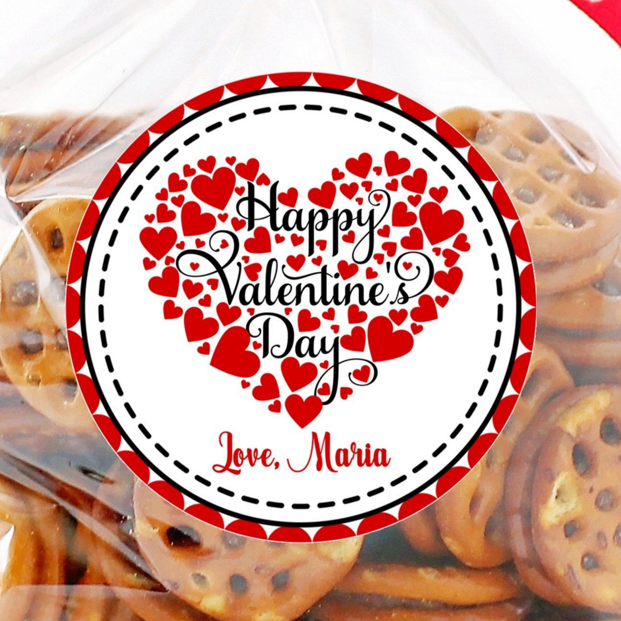 Red heart pattern Valentine sticker with personalized name