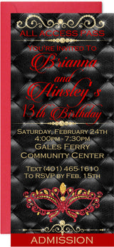 Red masquerade ticket invitation featuring decorative mask and admission pass design