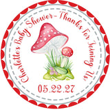 Red mushroom baby shower sticker with forest theme and watercolor design