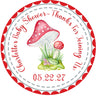 Red mushroom baby shower sticker with forest theme and watercolor design