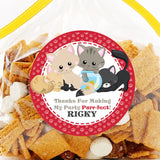Red paw print kitten birthday sticker with four cats