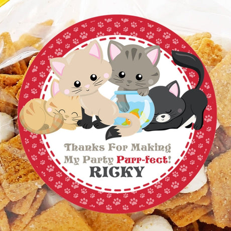 Red paw print kitten birthday sticker with four cats