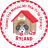 Red personalized puppy birthday sticker with name and pawty message