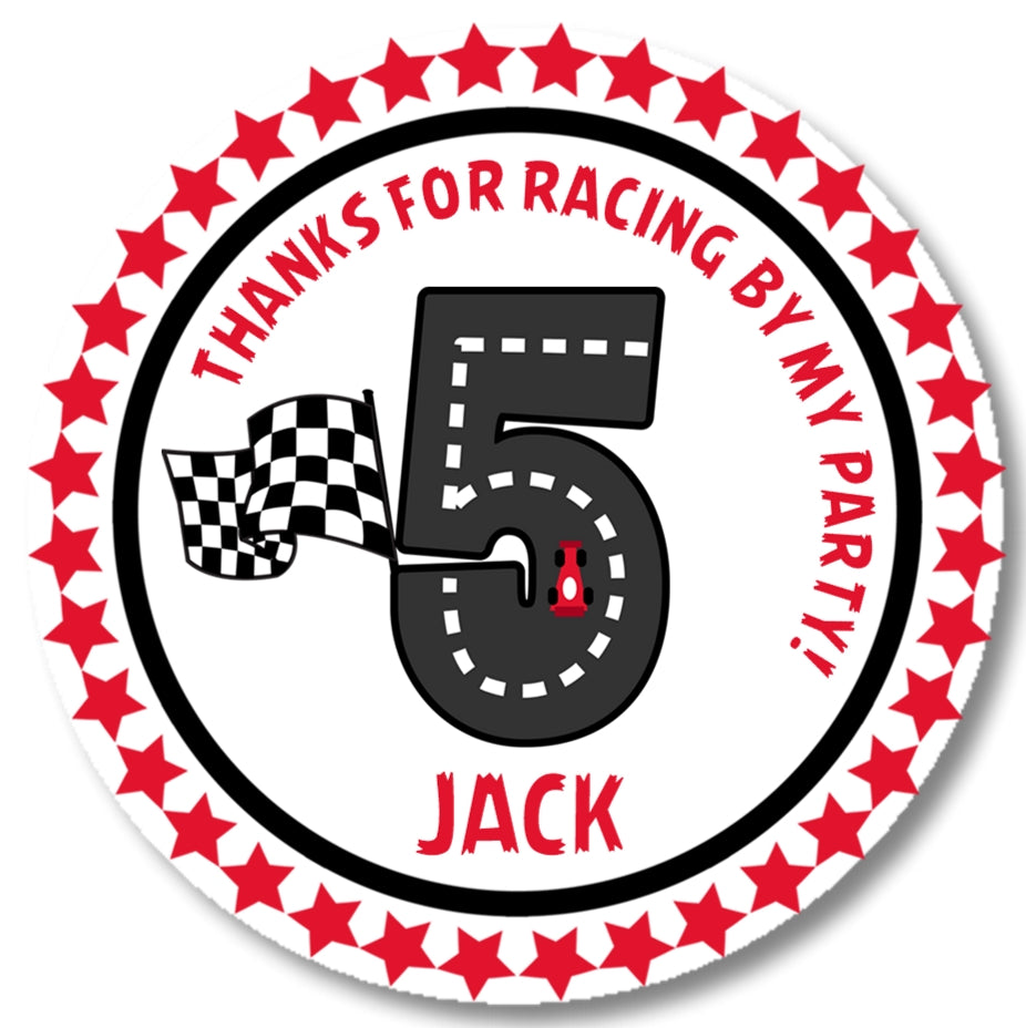 Red racetrack birthday party stickers
