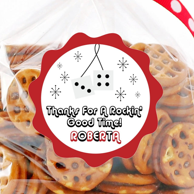 Red scalloped fuzzy dice birthday sticker