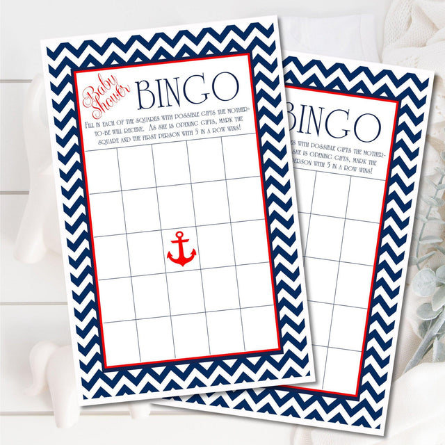 Red white blue nautical baby shower bingo printable game
