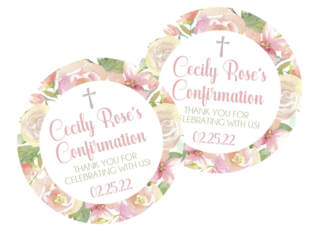 Religious Confirmation favor sticker with floral wreath