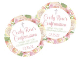 Religious Confirmation favor sticker with floral wreath