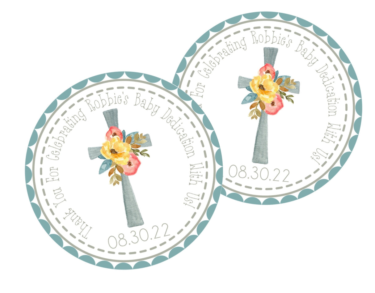 Religious baby dedication favor label in blue coral