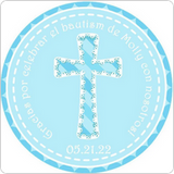 Religious blue Baptism favor label with lace cross