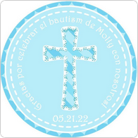 Religious blue Baptism favor label with lace cross