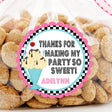 Retro diner ice cream sundae birthday sticker with pink scalloped border