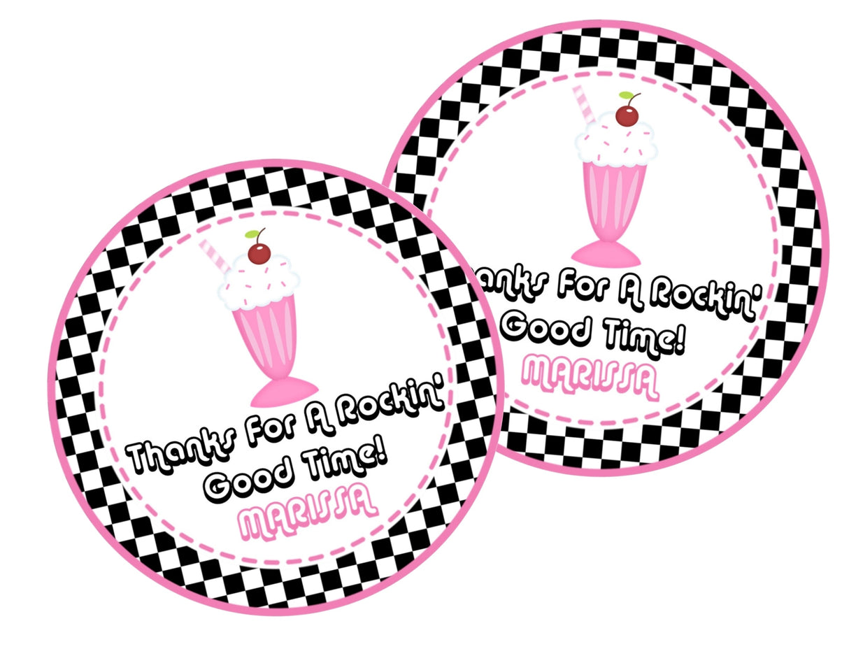 Retro soda shop themed birthday sticker in pink and black