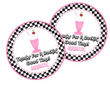 Retro soda shop themed birthday sticker in pink and black