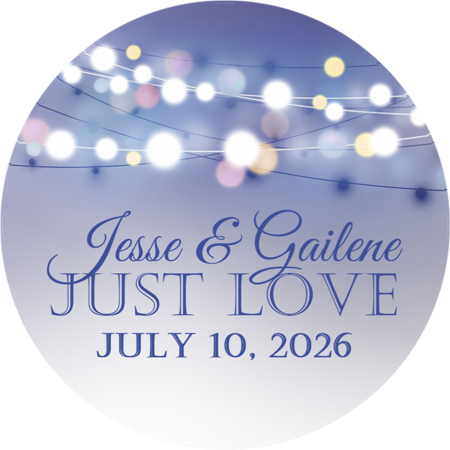 Romantic evening wedding sticker with glowing bistro lights