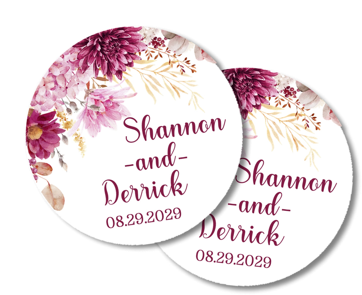 Romantic floral wedding favor label with deep pink flowers