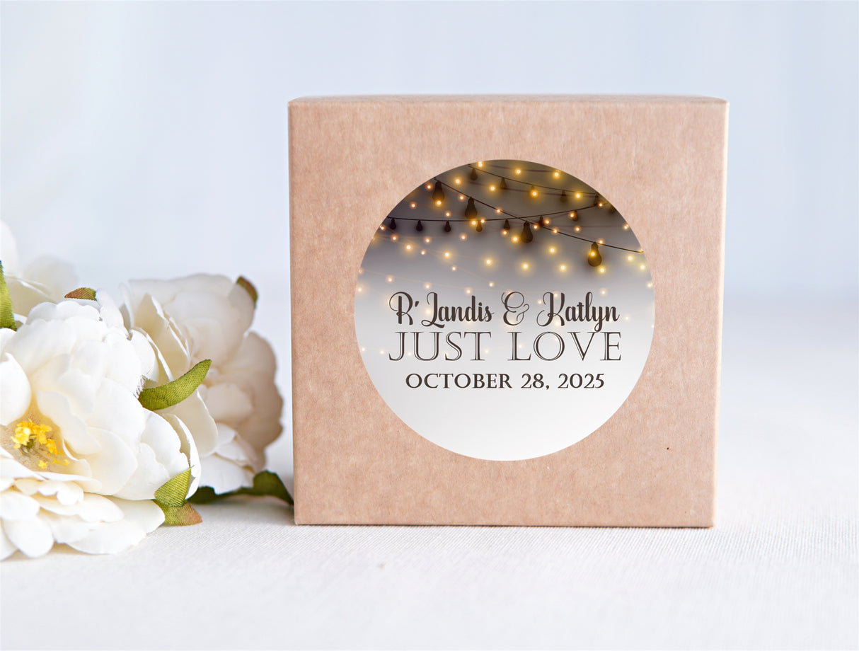 Romantic string light wedding sticker personalized with names and date