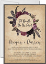 Romantic wedding invitation with dark floral accents and elegant vintage styling