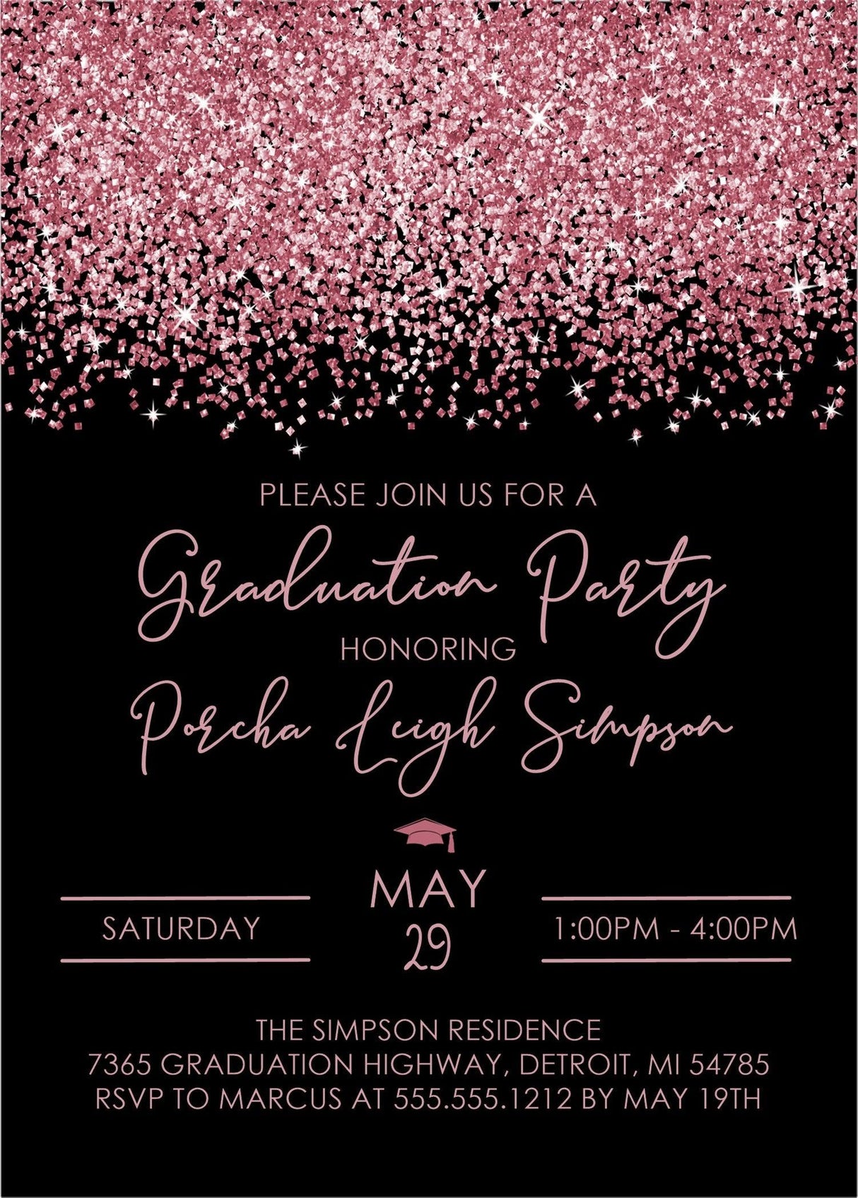 Rose Gold And Black Graduation Party Invitations