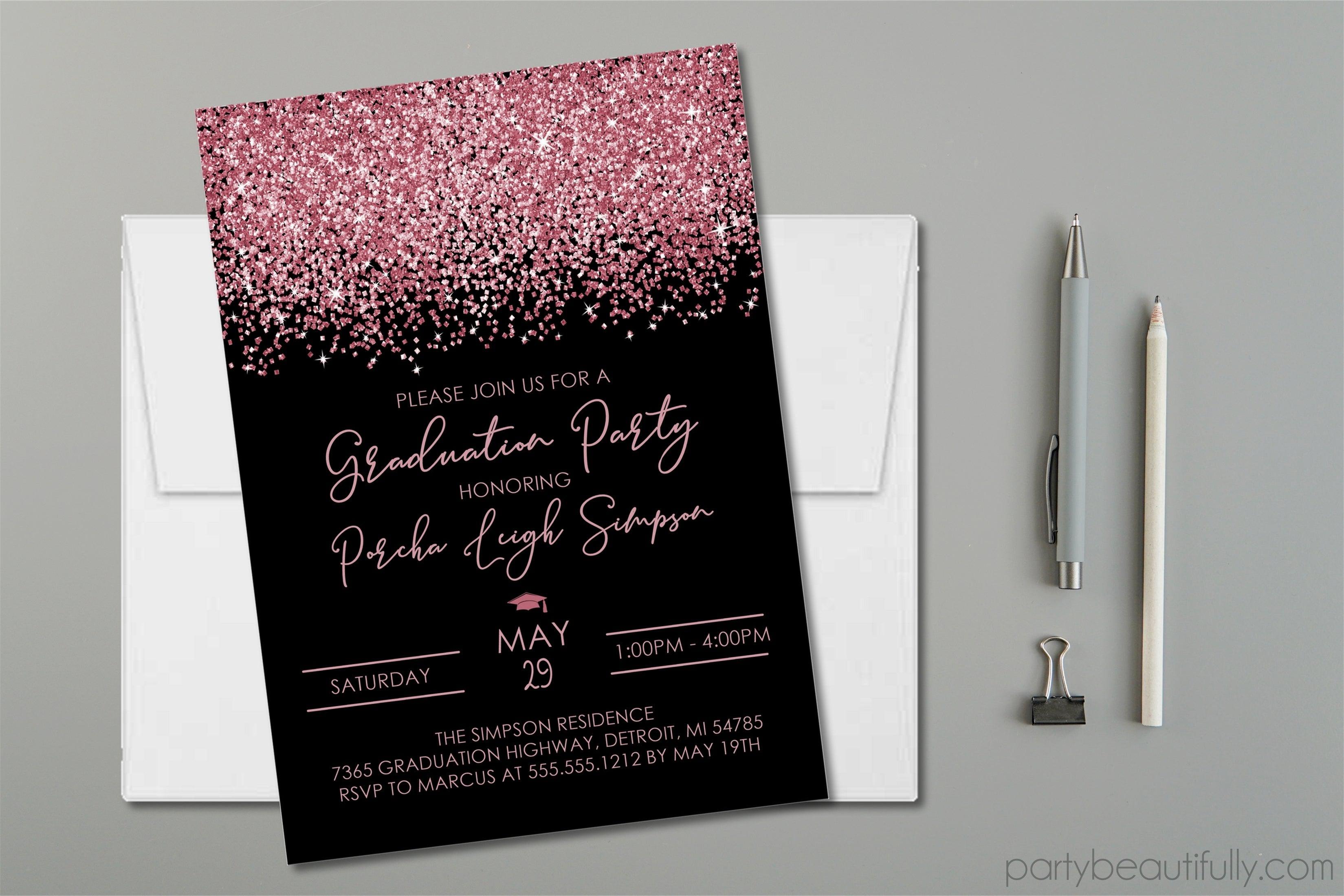 Rose Gold And Black Graduation Party Invitations