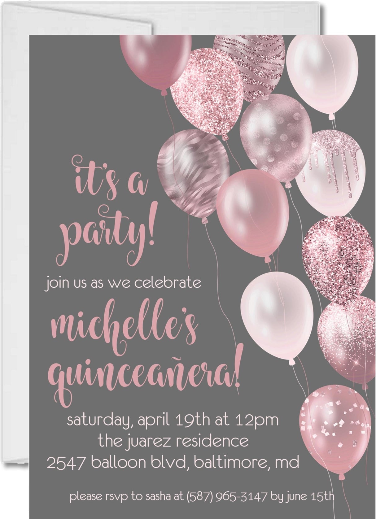 Rose Gold And Grey Balloon Quinceanera Invitations
