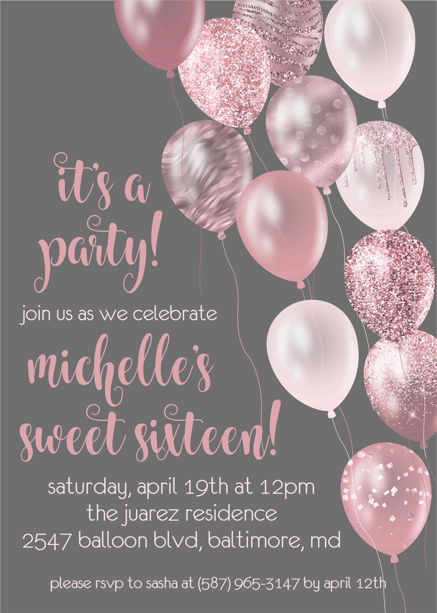 Rose Gold And Grey Balloon Sweet 16 Party Invitations