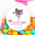 Round fairy birthday sticker with personalized name and fairy artwork