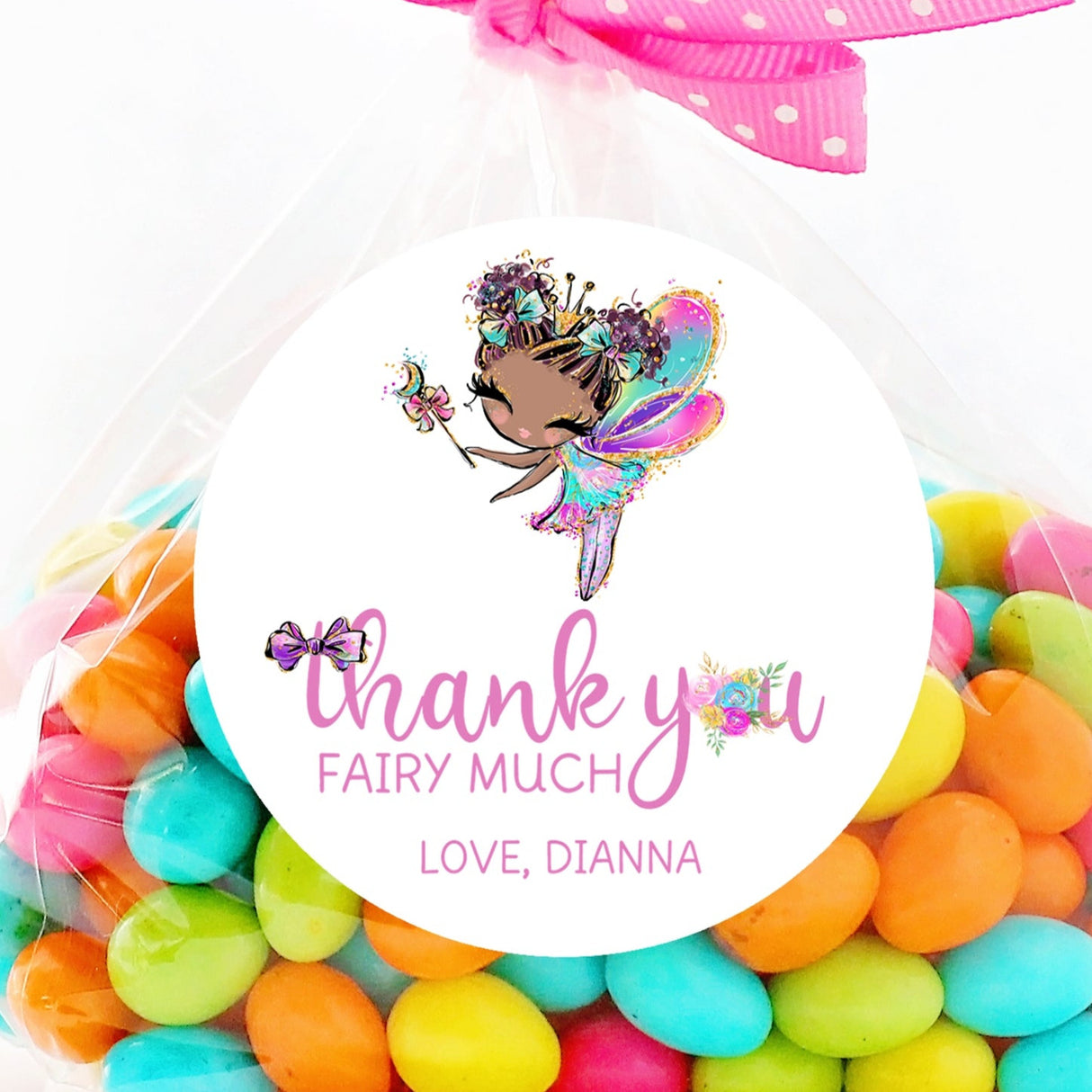 Round fairy birthday sticker with personalized name and fairy artwork