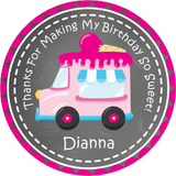 Round girls birthday sticker featuring dessert truck and ice cream design