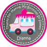 Round girls birthday sticker featuring dessert truck and ice cream design