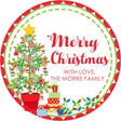 Round holiday sticker featuring a potted Christmas tree with ornament details