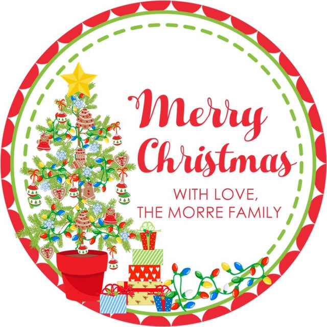 Round holiday sticker featuring a potted Christmas tree with ornament details