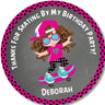 Round party favor label with a girl on a skateboard, pink border, and text.