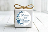 Round personalized blue floral wedding stickers for favors, envelopes, gifts, and wedding stationery.