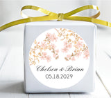 Round personalized cherry blossom wedding stickers for favors, envelopes, gifts, and wedding stationery.