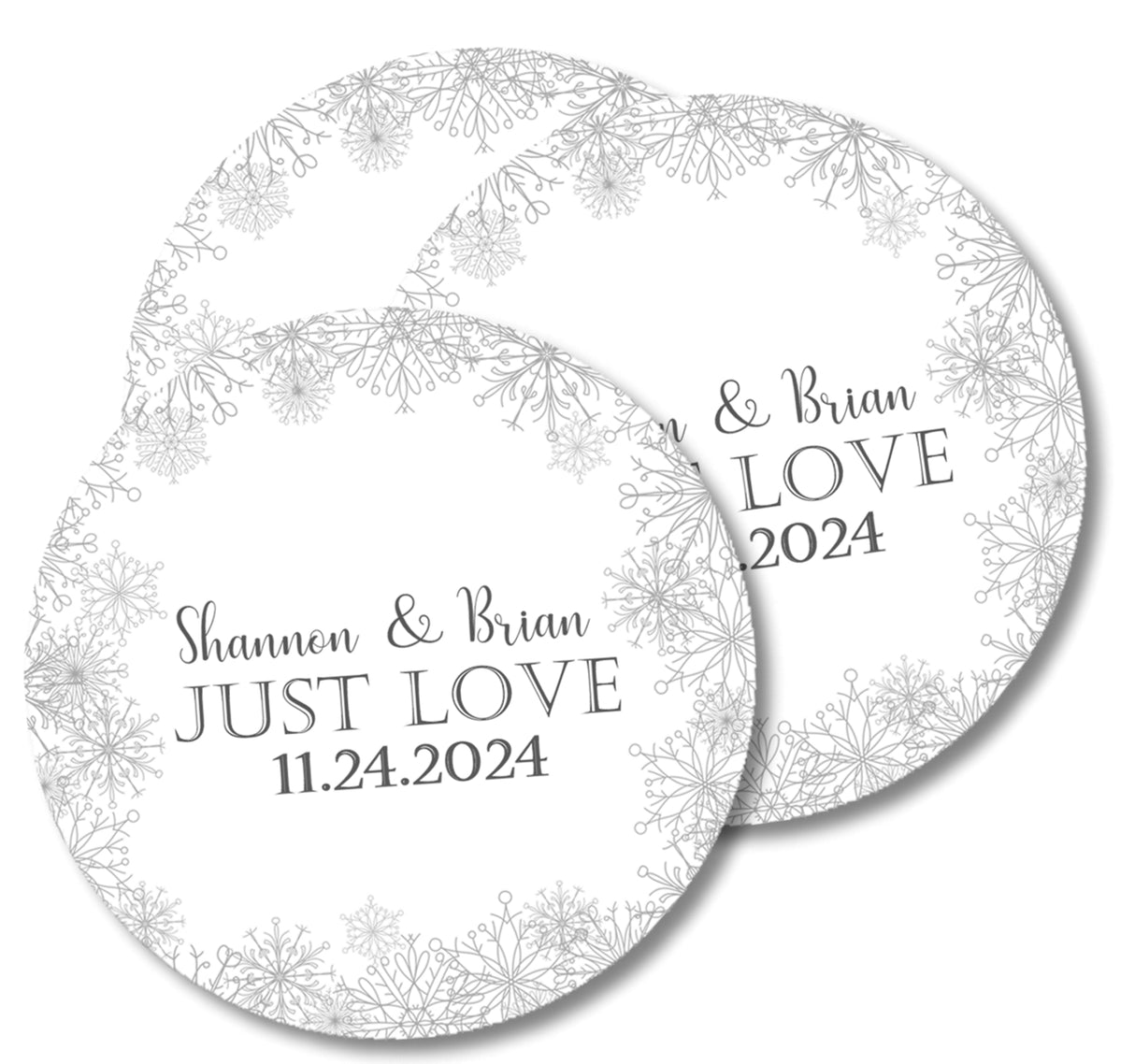 Round winter wedding envelope seal with snowflakes