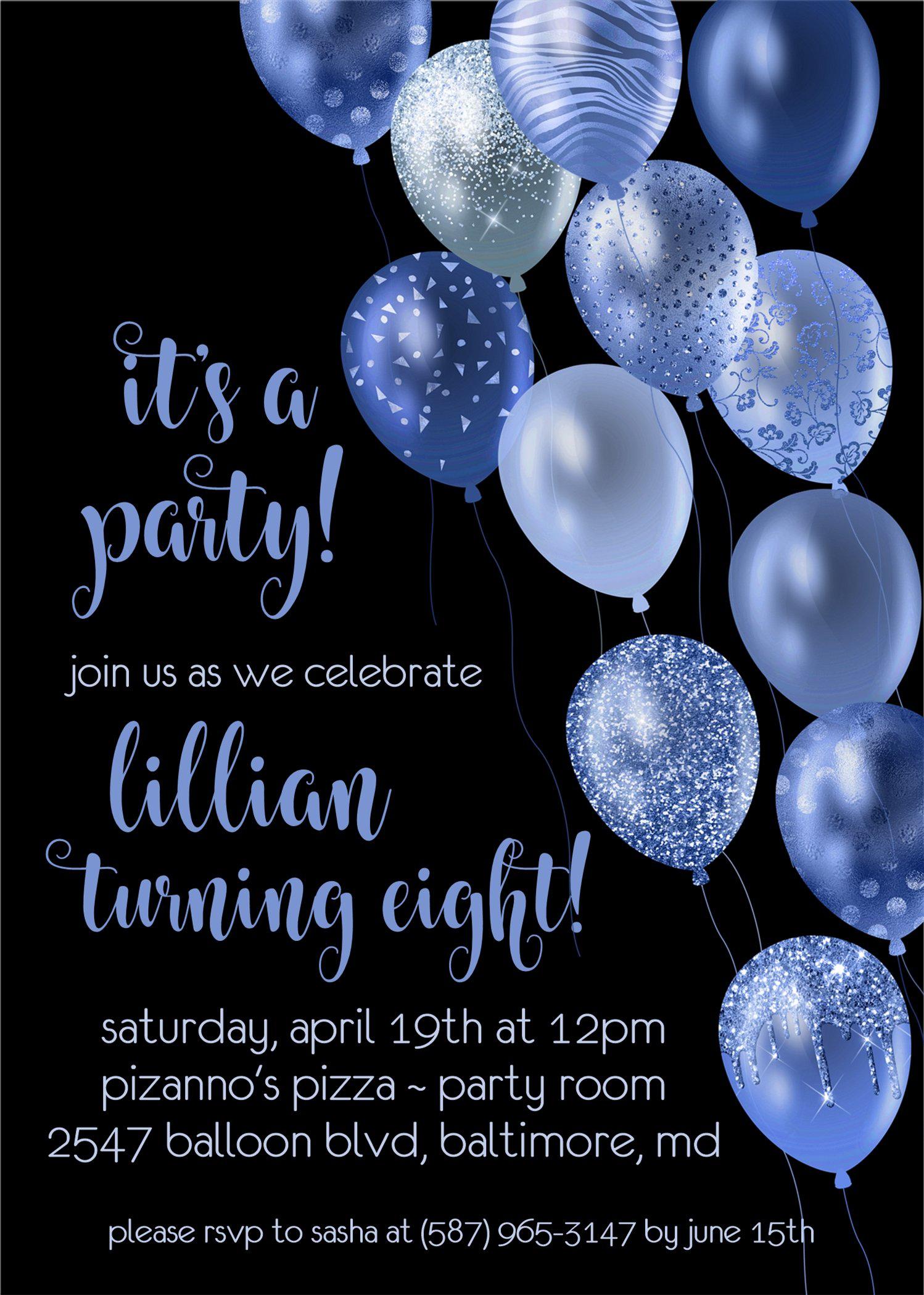 Royal Blue And Black Balloon Birthday Party Invitations