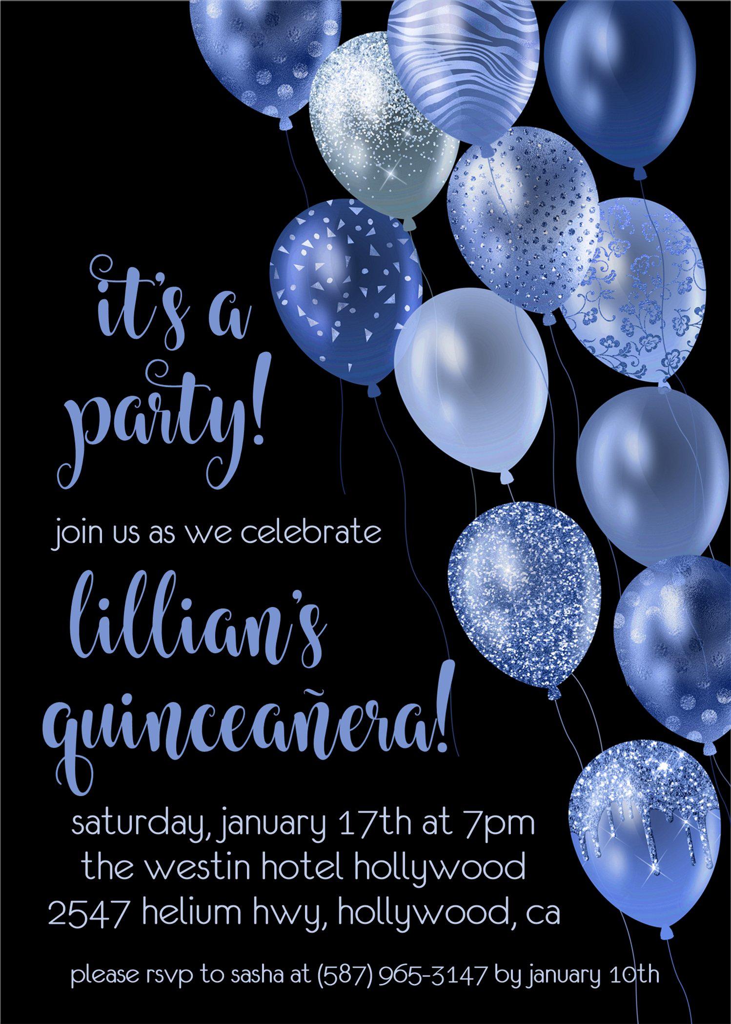 Royal Blue And Black Balloon Quinceanera Invitations