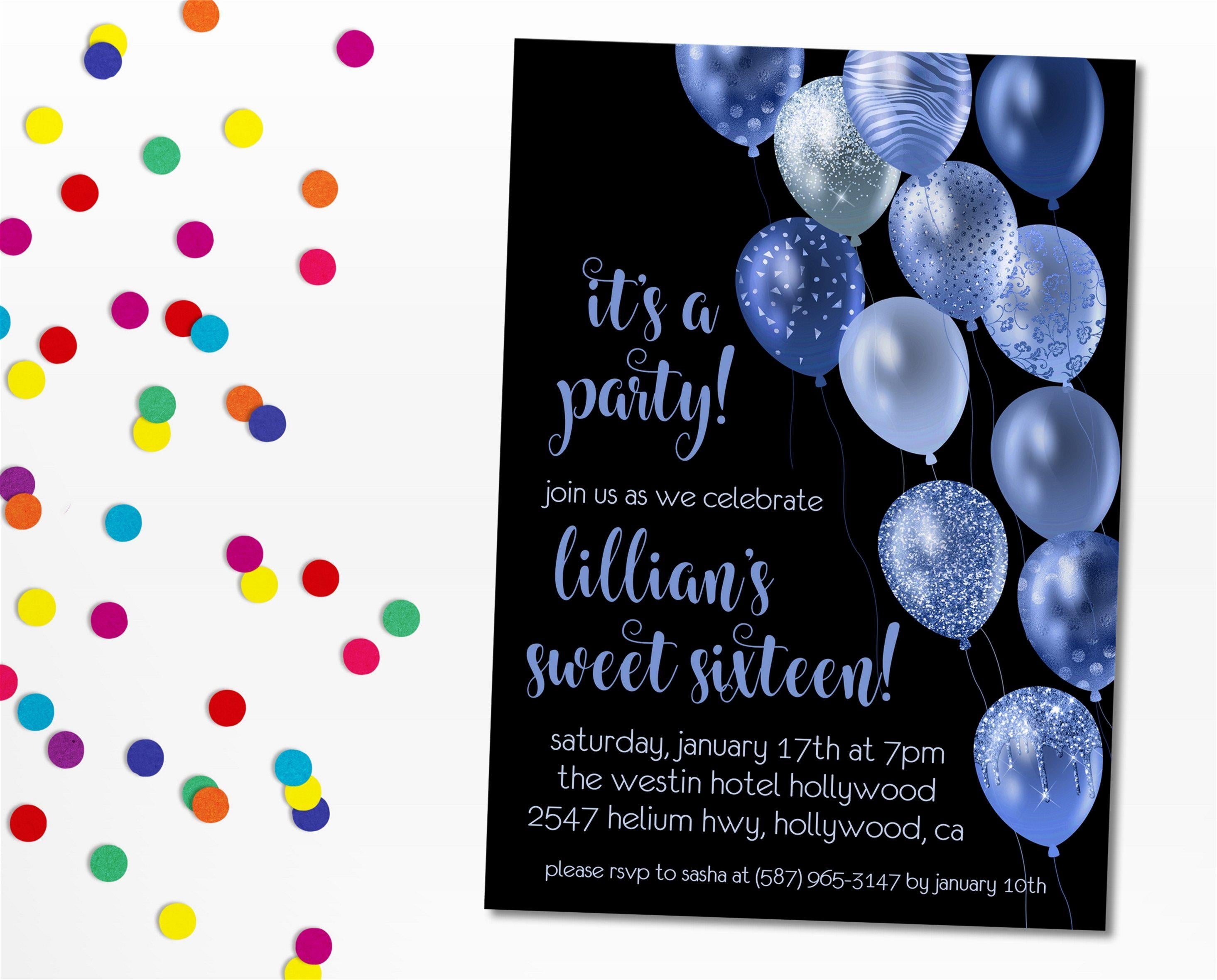 Royal Blue And Black Balloon Sweet 16 Party Invitations