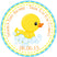Rubber duck baby shower sticker with bubbles and blue accents