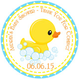 Rubber duck baby shower sticker with bubbles and blue accents