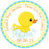 Rubber duck baby shower sticker with bubbles and blue accents