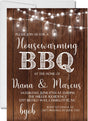 Rustic housewarming BBQ invitation with string lights and wood background