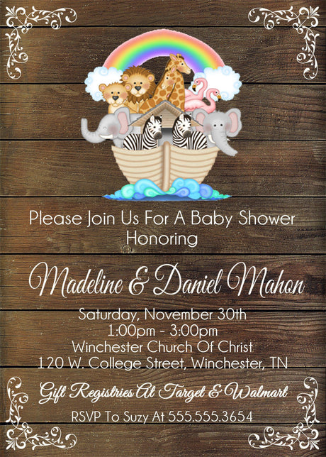 Rustic noah's ark baby shower invitations