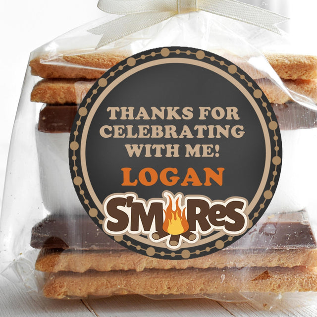 Rustic s’mores birthday sticker with charcoal background and personalized name