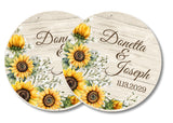Rustic sunflower wedding favor label with yellow florals and greenery